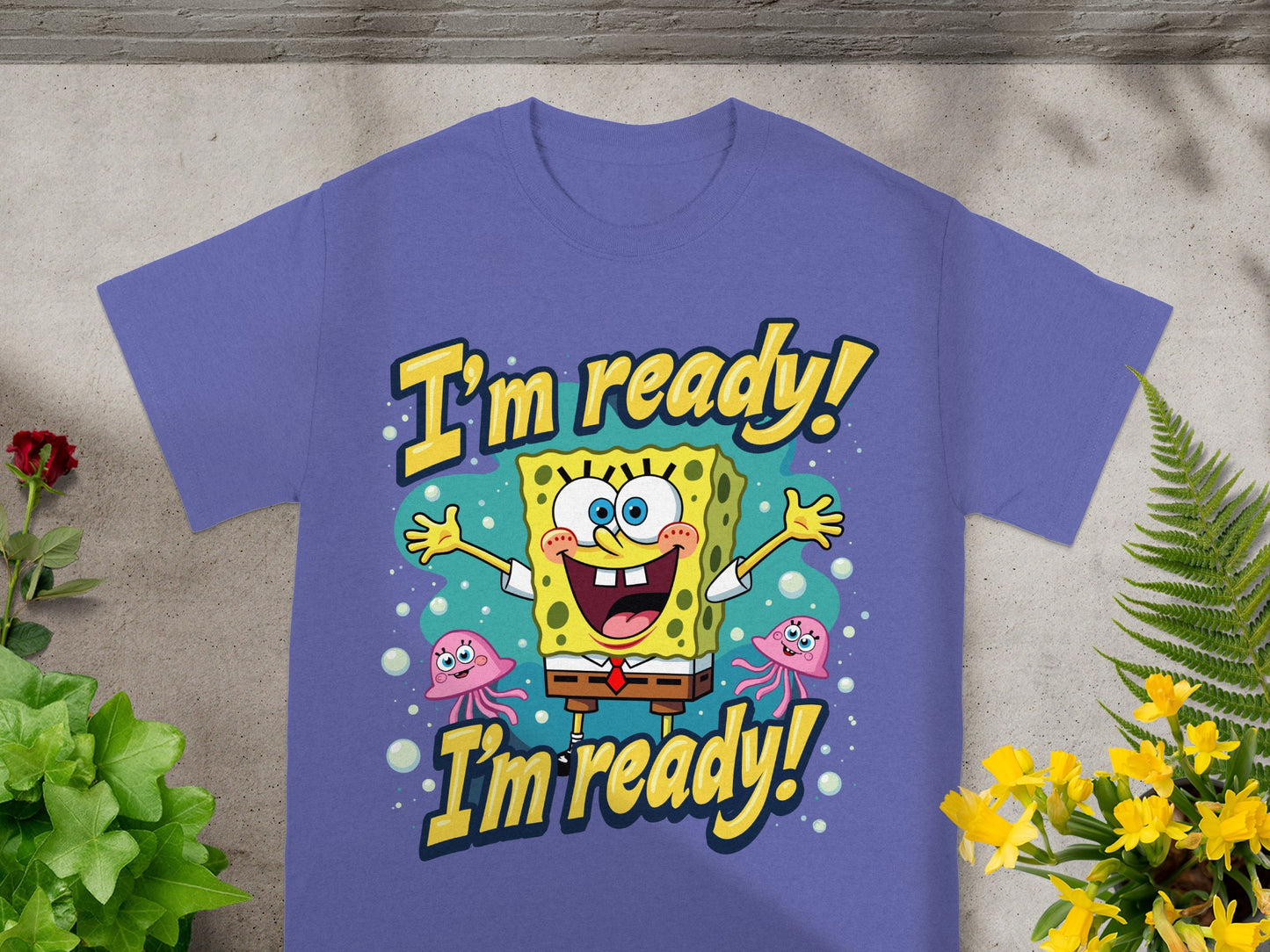 SpongeBob SquarePants t-shirt with "I'm ready! I'm ready!" text and jellyfish.
