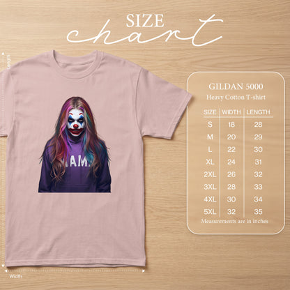 Pink t-shirt with a graphic of a person with clown makeup and colorful hair. Includes a Gildan 5000 size chart.