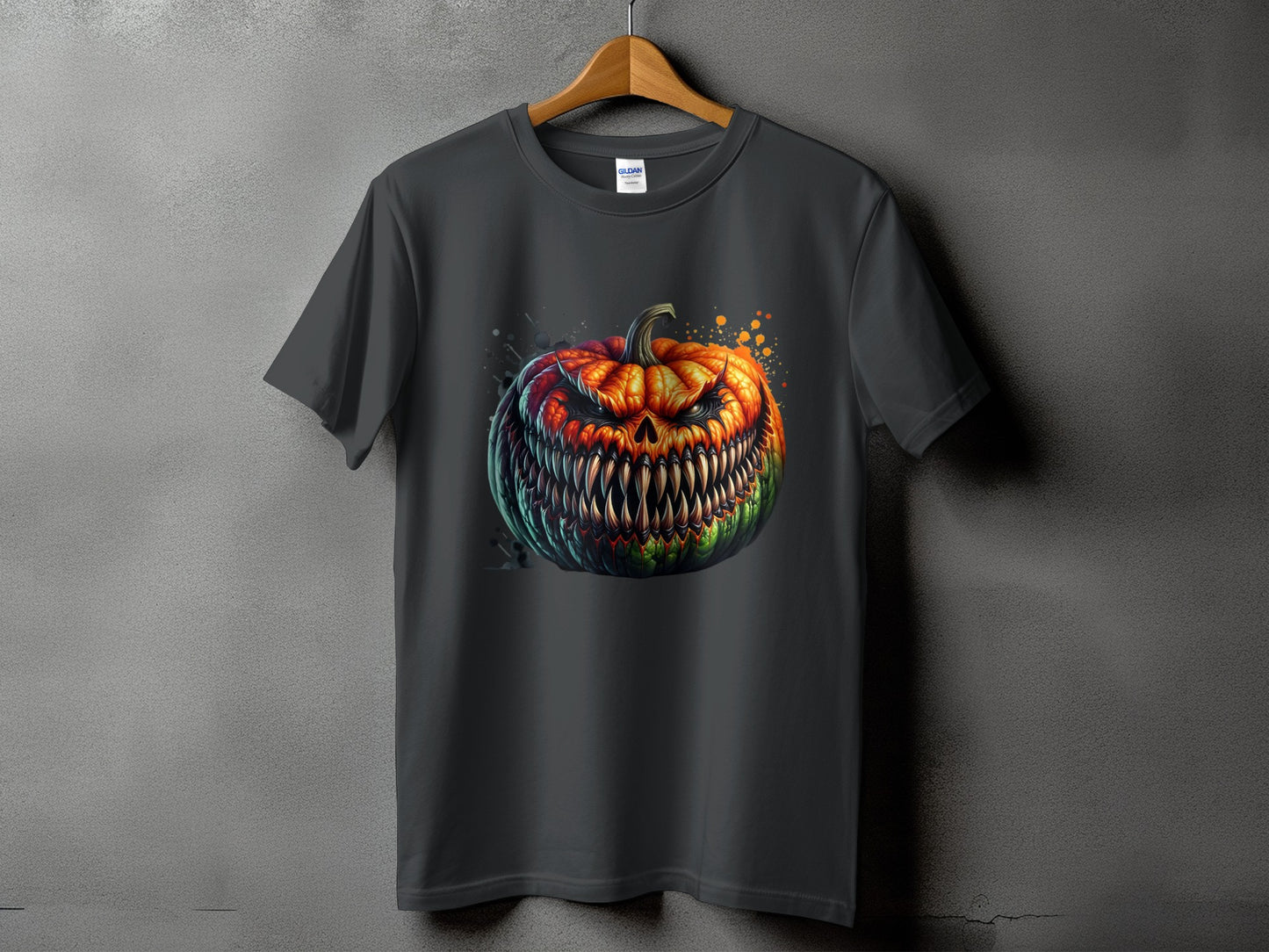 Dark gray t-shirt with a sinister, spiky jack-o'-lantern graphic.