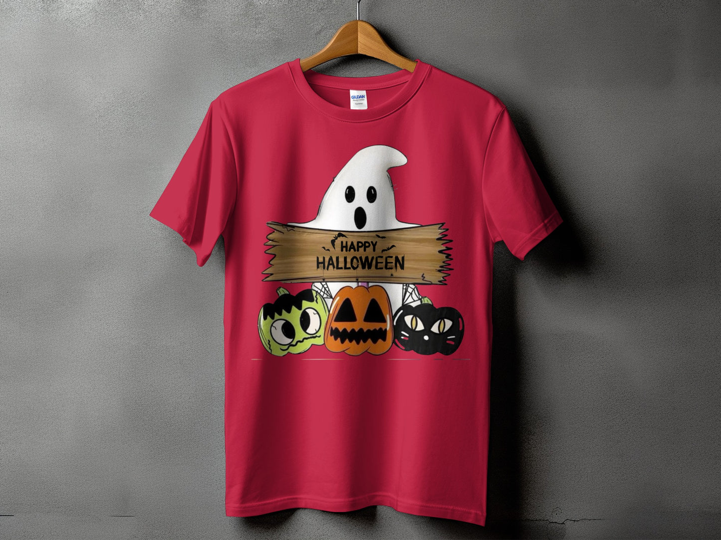 Red t-shirt with a ghost, pumpkins, and black cat graphic saying "Happy Halloween."