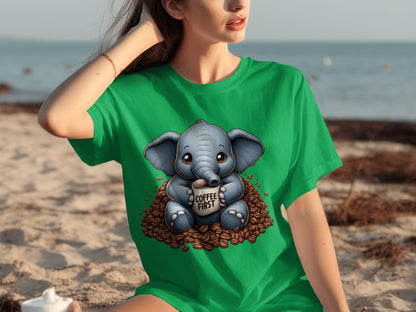 Cute Elephant Coffee First Graphic T-Shirt Design
