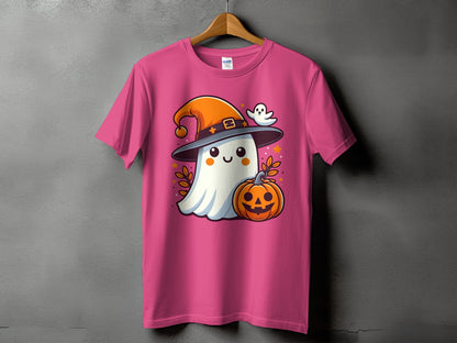 Pink t-shirt with a Halloween ghost, jack-o'-lantern, and small ghost graphic.