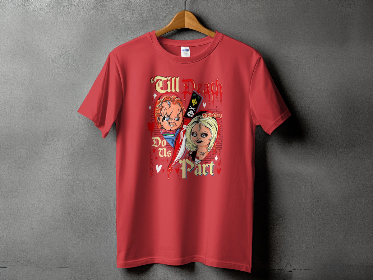 Red t-shirt featuring Chucky and Tiffany dolls with text "Till Death Do Us Part".