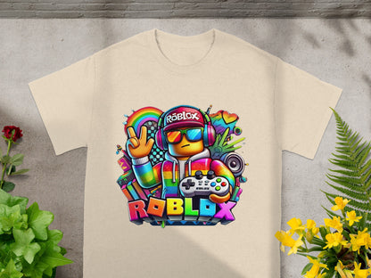 Roblox character with rainbow accessories and gaming controller graphic.