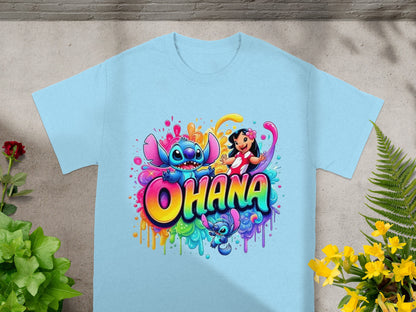 Light blue t-shirt with Stitch and Lilo from Disney's Lilo & Stitch characters, with "Ohana" text.