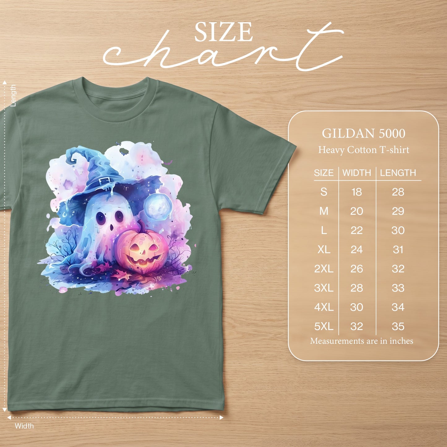 Green t-shirt with watercolor ghost, pumpkin, and hat graphic. Size chart included.