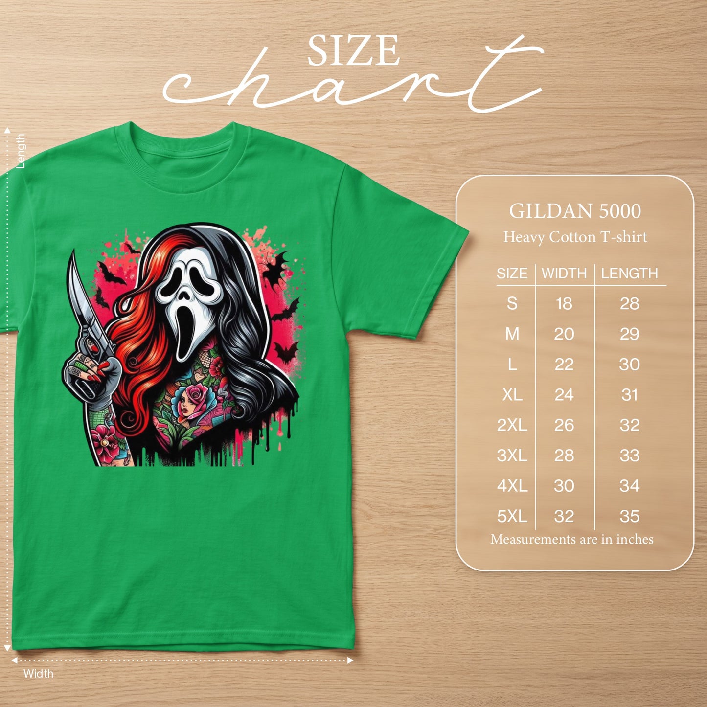 Green Gildan 5000 t-shirt with Ghostface graphic and size chart.