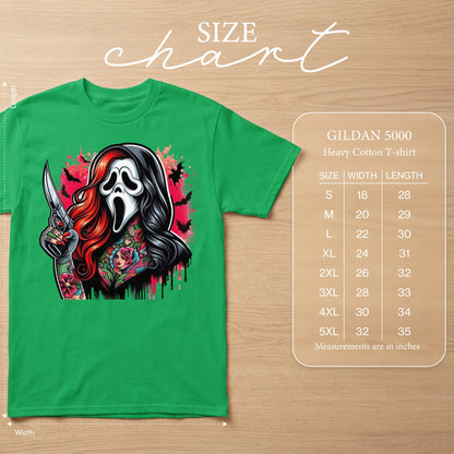 Green Gildan 5000 t-shirt with Ghostface graphic and size chart.
