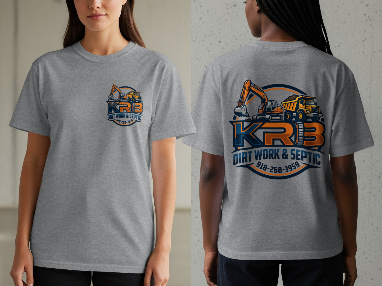 Grey t-shirt with KRB Dirt Work & Septic logo featuring excavator and dump truck.