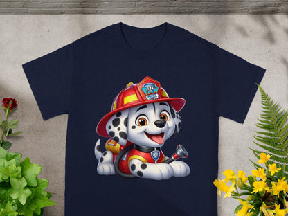 Marshall from Paw Patrol wearing a firefighter helmet and uniform.