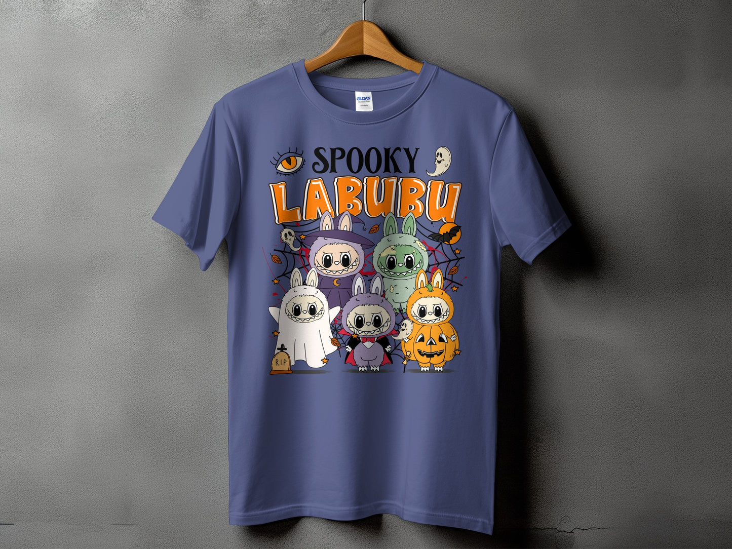 Spooky Labubu Halloween t-shirt with cartoon characters dressed as ghosts and pumpkins.
