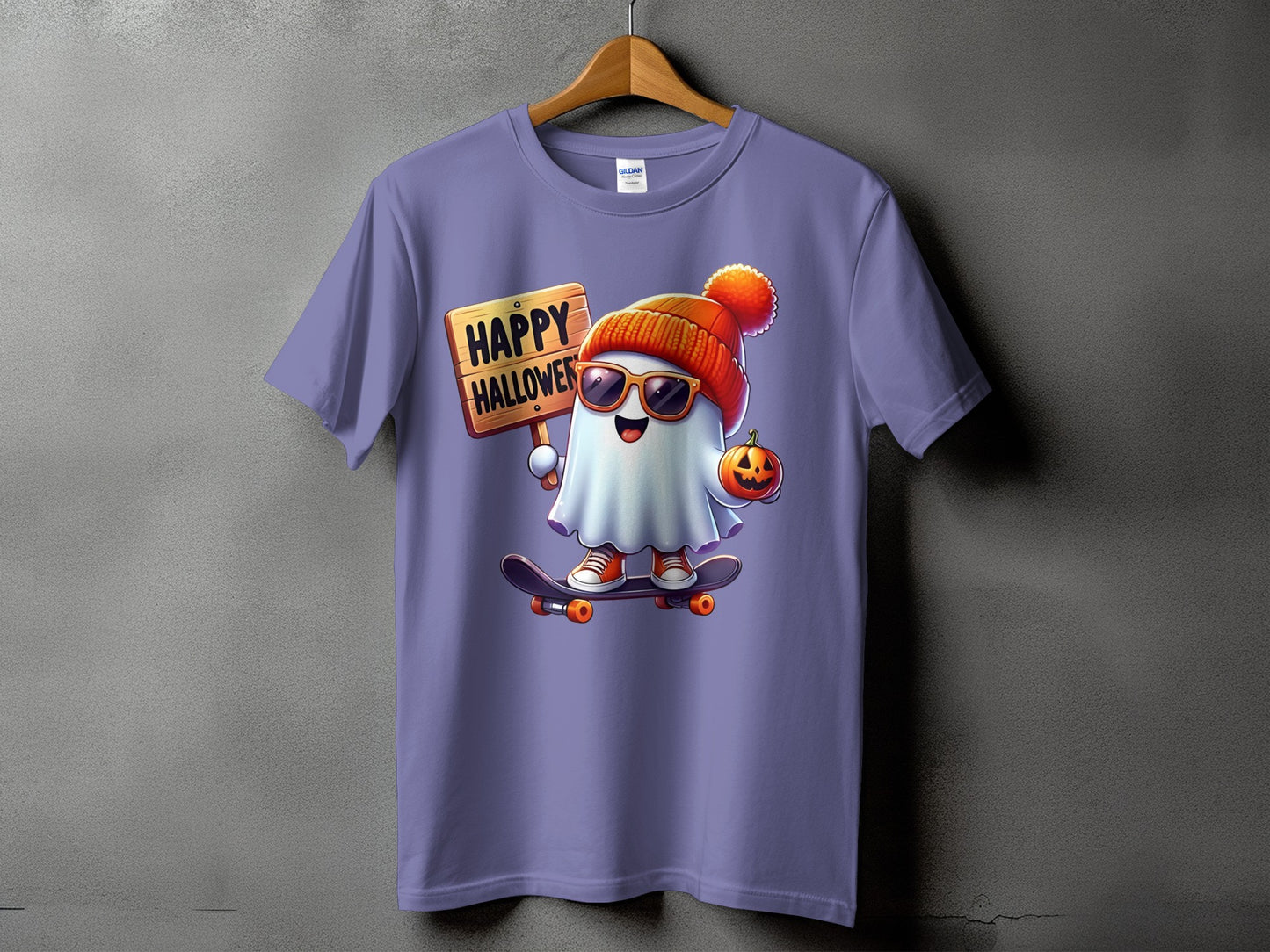 Ghost with sunglasses and beanie on skateboard holding "Happy Halloween" sign.