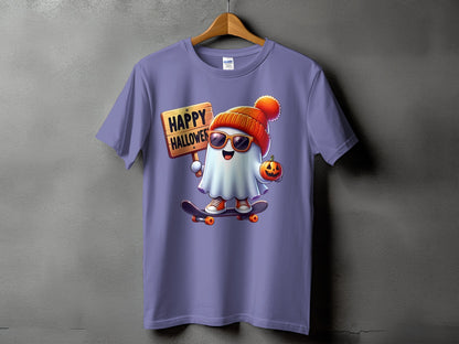 Ghost with sunglasses and beanie on skateboard holding "Happy Halloween" sign.