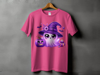 Pink t-shirt with a purple witch hat ghost, pumpkin, and candle design.