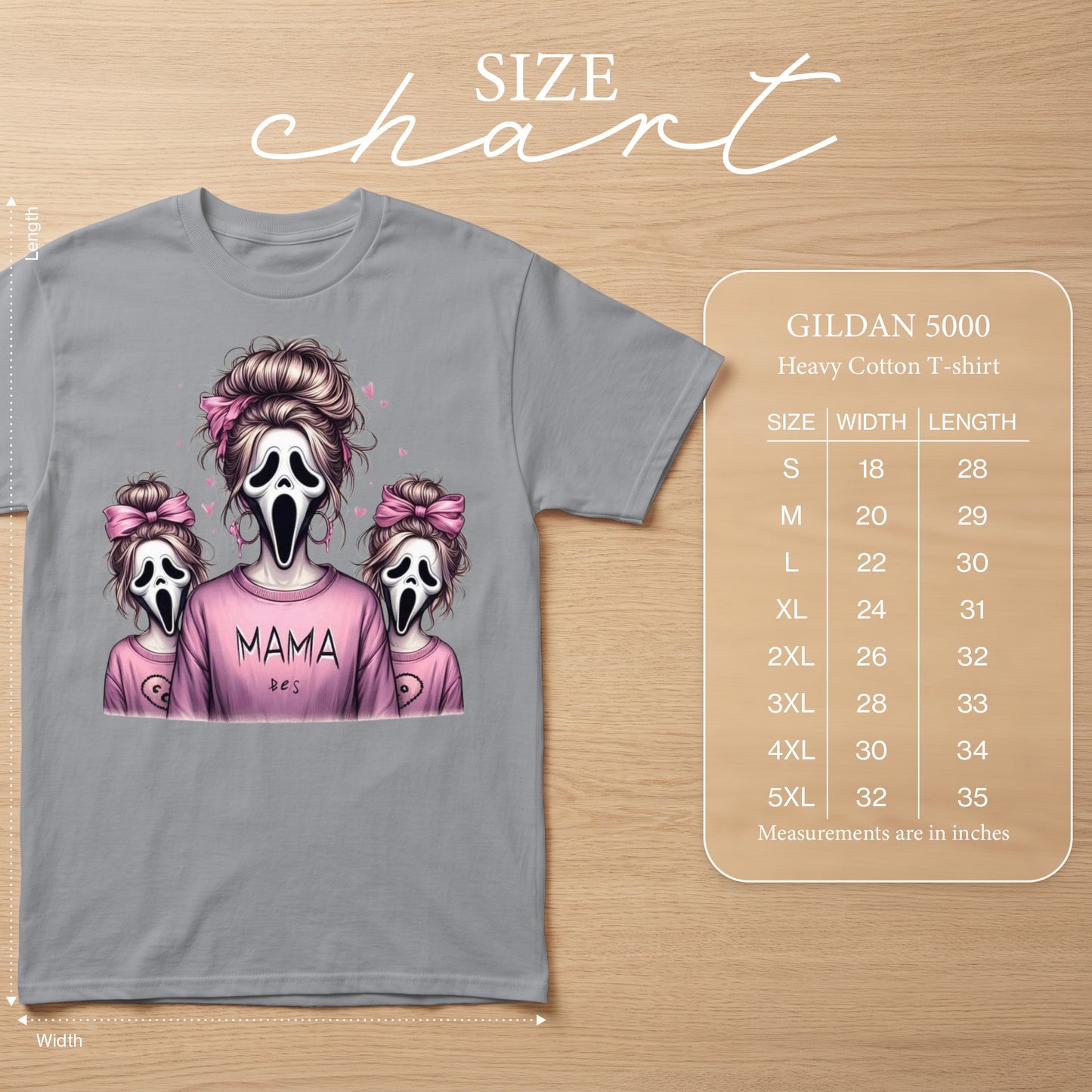 Grey t-shirt with "Mama" and ghost faces graphic, includes size chart.
