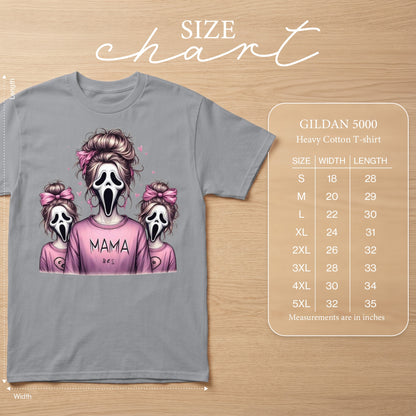 Grey t-shirt with "Mama" and ghost faces graphic, includes size chart.