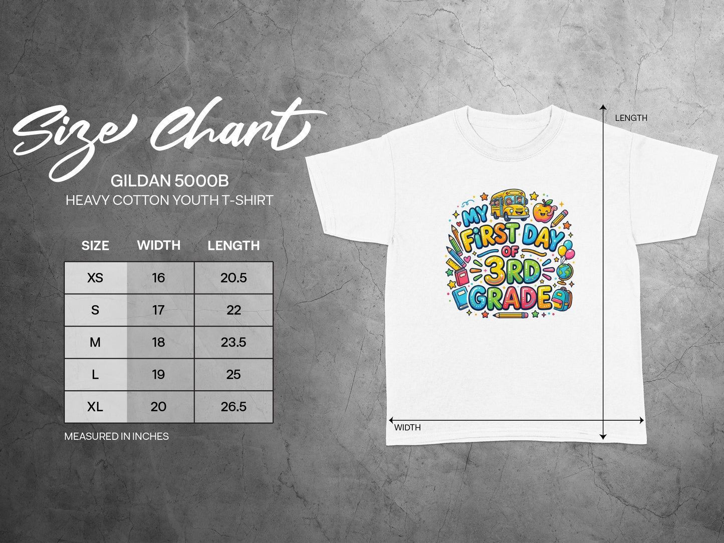 Gildan 5000B youth t-shirt size chart with measurements in inches.