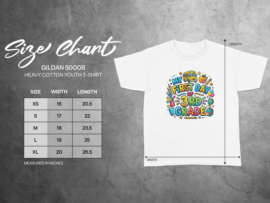 Gildan 5000B youth t-shirt size chart with measurements in inches.
