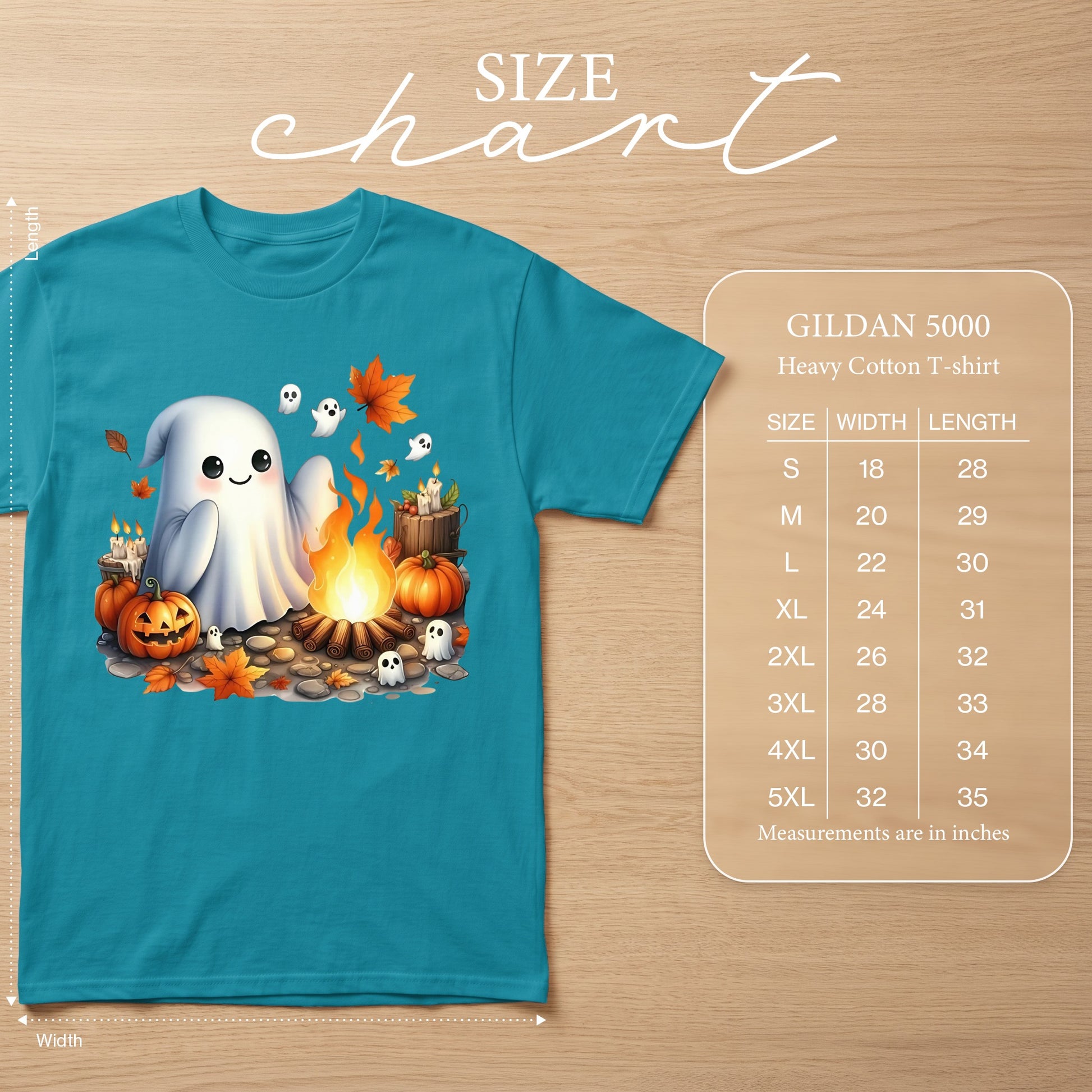Gildan 5000 Heavy Cotton T-shirt size chart with ghost, pumpkins, and campfire graphic.