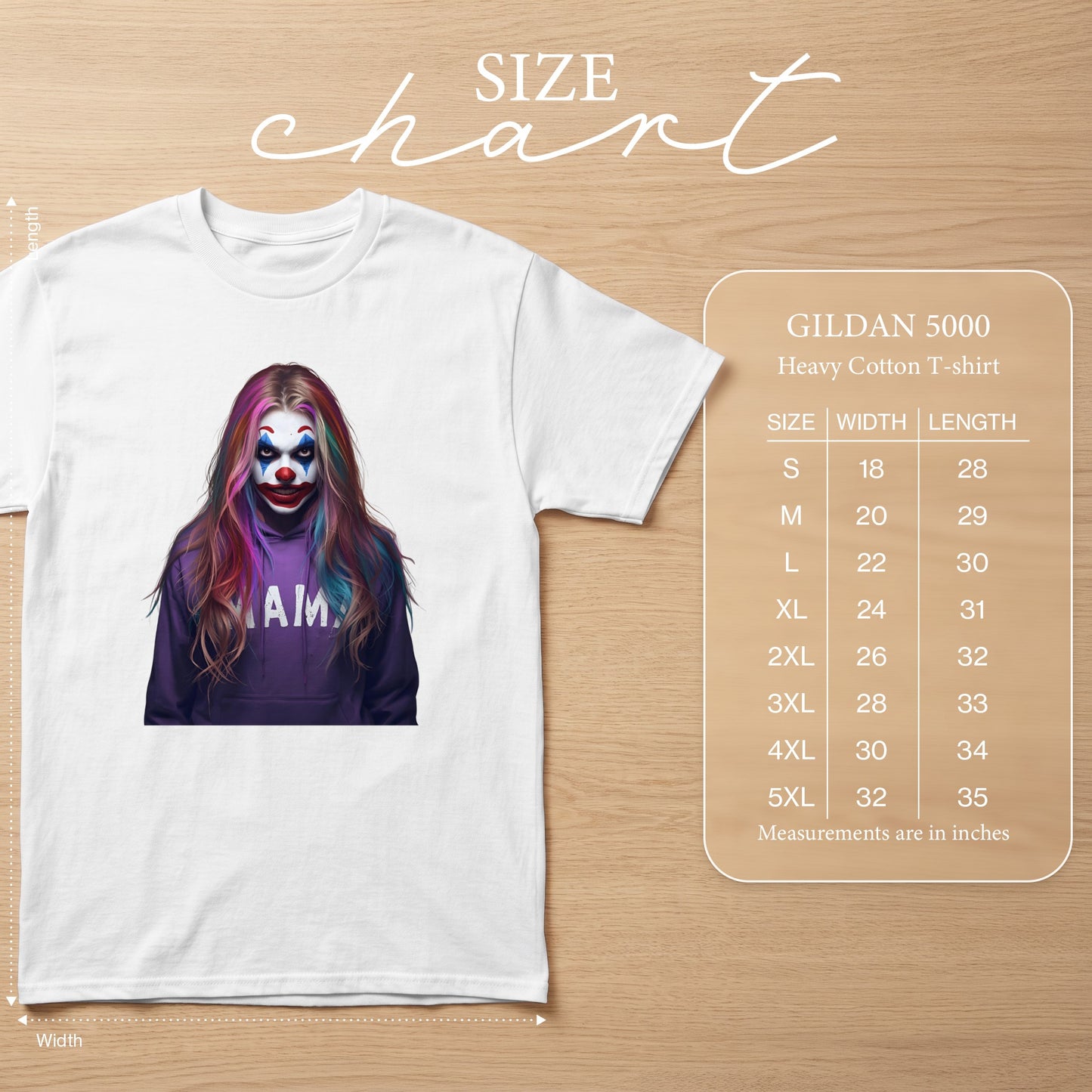 White Gildan 5000 t-shirt with clown graphic and size chart.