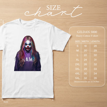 White Gildan 5000 t-shirt with clown graphic and size chart.