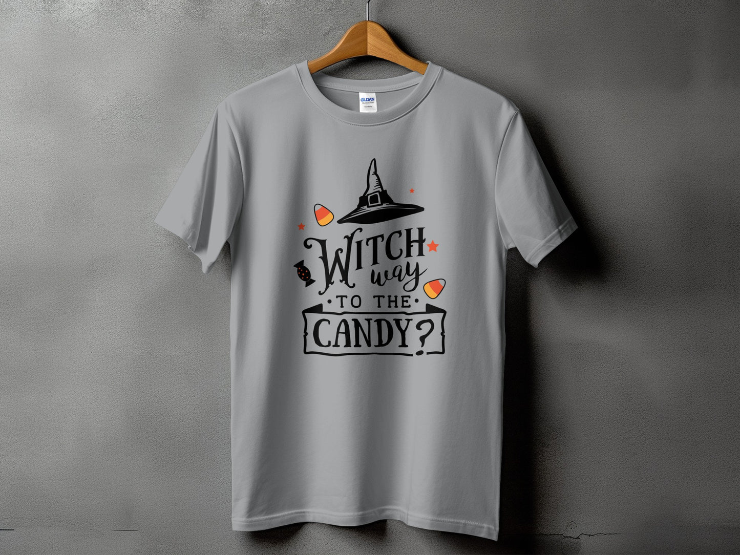 Grey t-shirt with a witch hat and text "Witch way to the candy?"