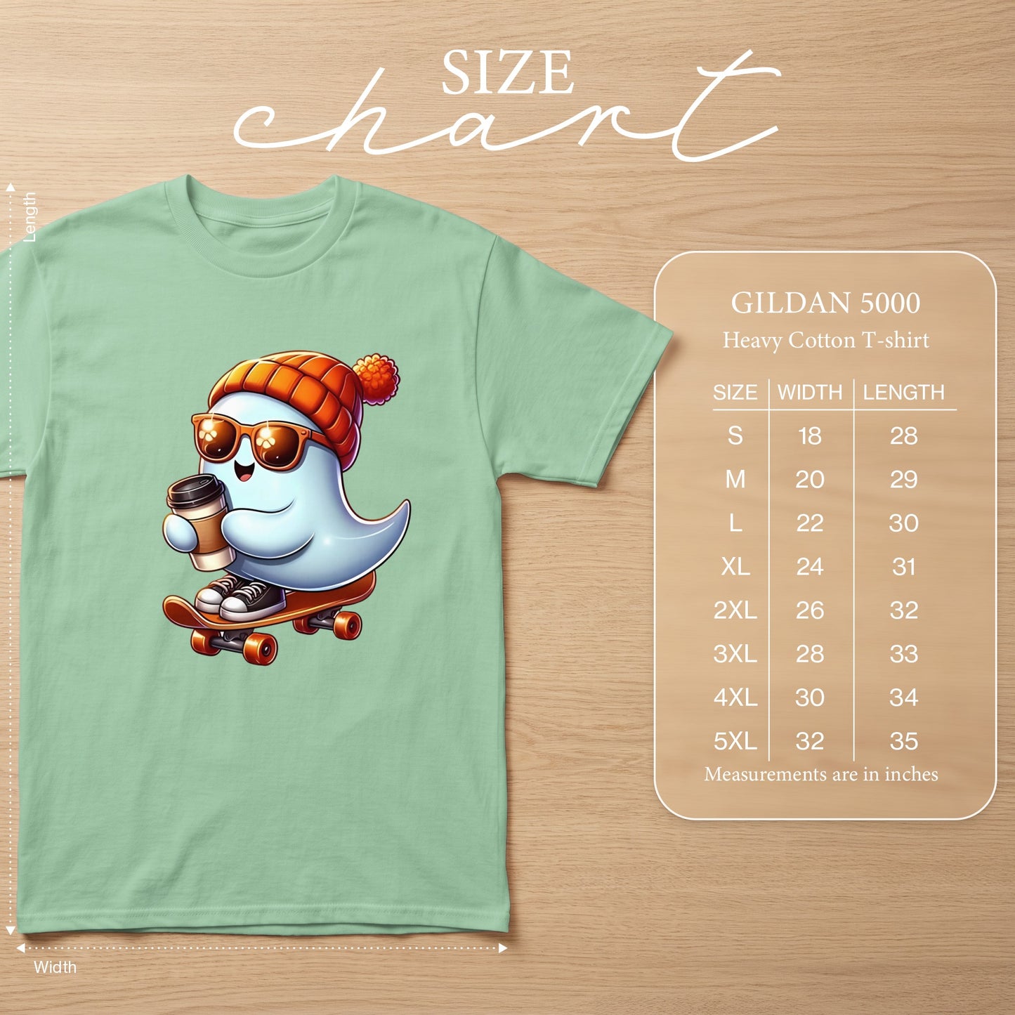 T-shirt size chart for Gildan 5000 Heavy Cotton with measurements in inches.