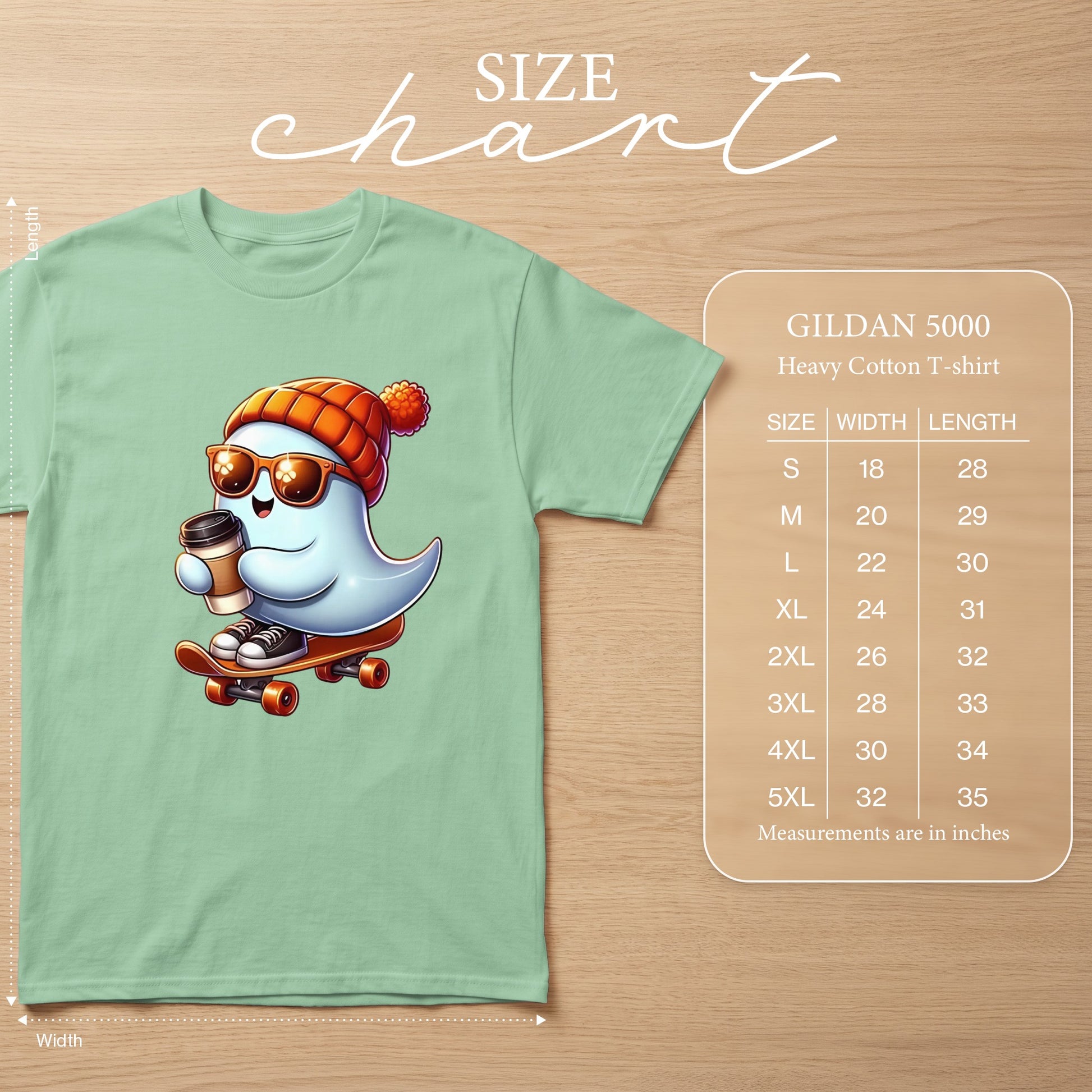 T-shirt size chart for Gildan 5000 Heavy Cotton with measurements in inches.