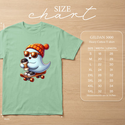T-shirt size chart for Gildan 5000 Heavy Cotton with measurements in inches.