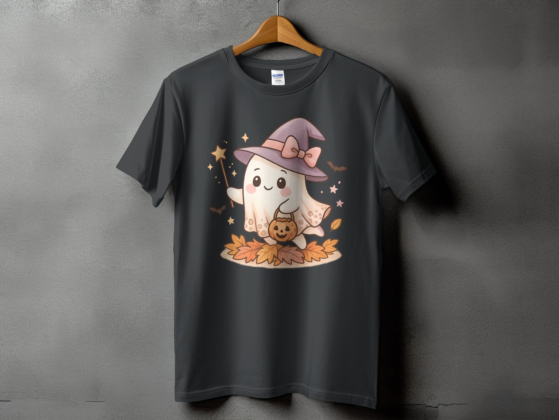 Ghost with witch hat and pumpkin trick-or-treat bucket on autumn leaves.