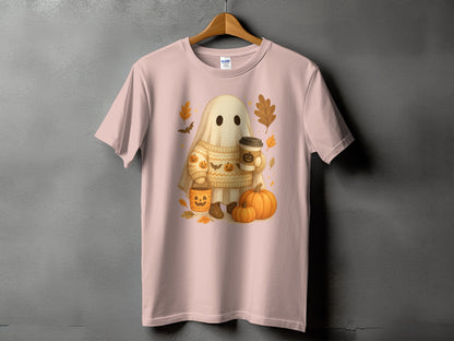 Ghost with pumpkins and coffee, wearing a sweater, on a pink t-shirt.