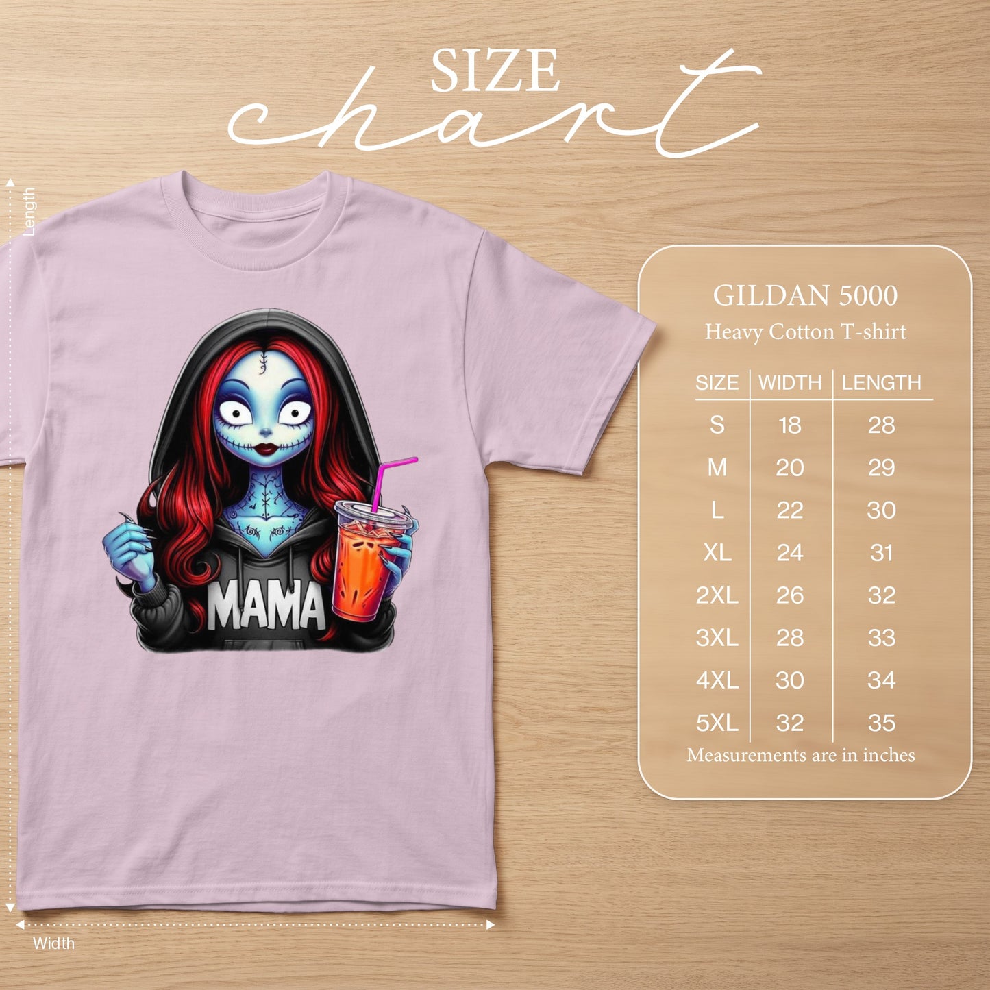 Gildan 5000 heavy cotton t-shirt size chart with a graphic of Sally from The Nightmare Before Christmas.