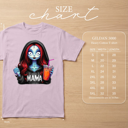 Gildan 5000 heavy cotton t-shirt size chart with a graphic of Sally from The Nightmare Before Christmas.