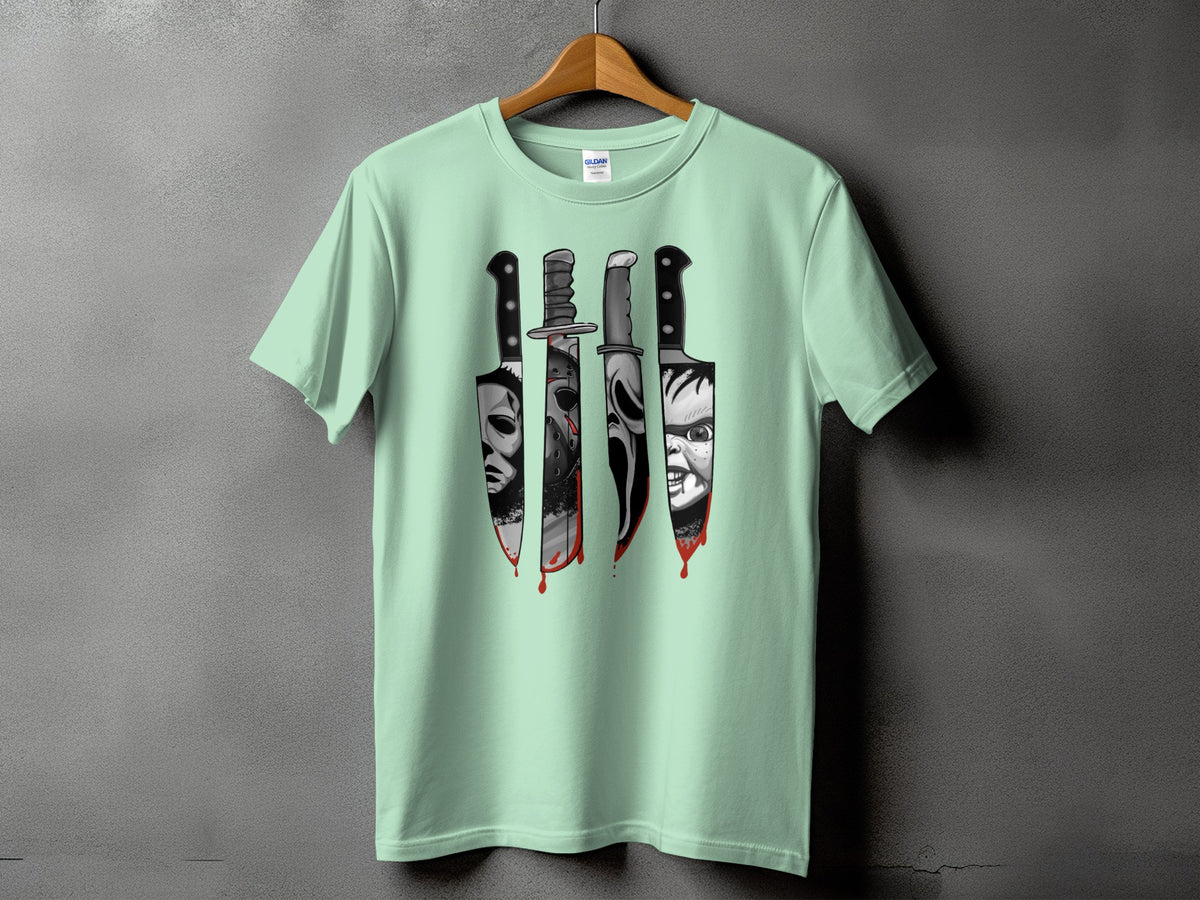 Pale green t-shirt with four horror movie knives featuring iconic villain faces.