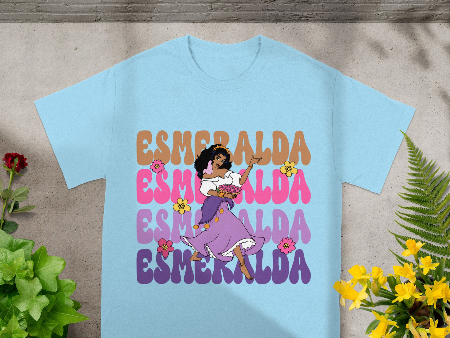 Light blue t-shirt with Esmeralda text in colorful, wavy lettering.