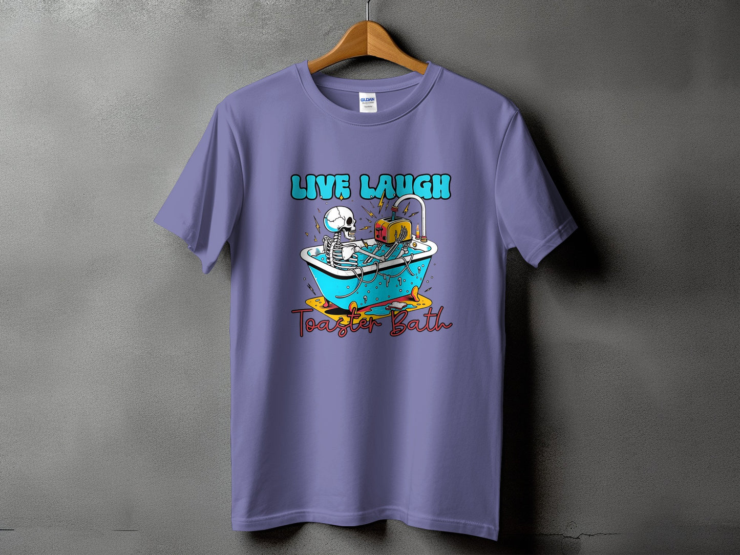 Purple t-shirt with "LIVE LAUGH Toaster Bath" text and skeleton graphic.