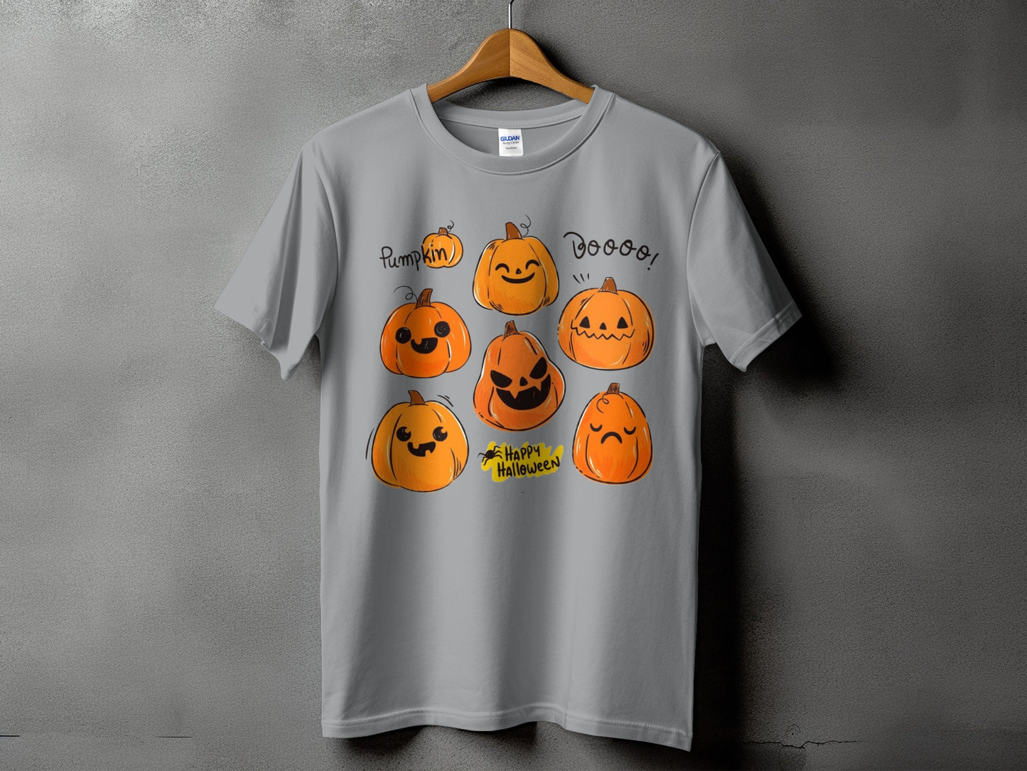 Grey t-shirt with a cartoon pumpkin pattern and "Happy Halloween" text.