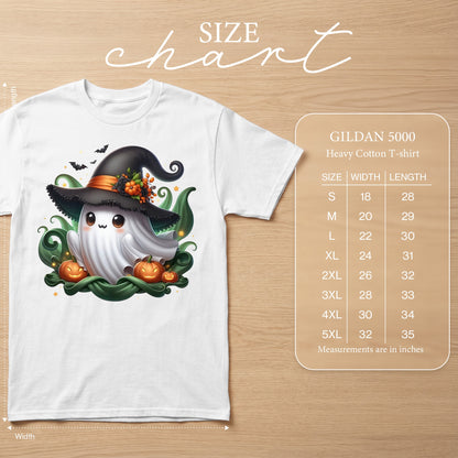 White t-shirt with a cute ghost wearing a witch hat and pumpkins, with a Gildan 5000 size chart.
