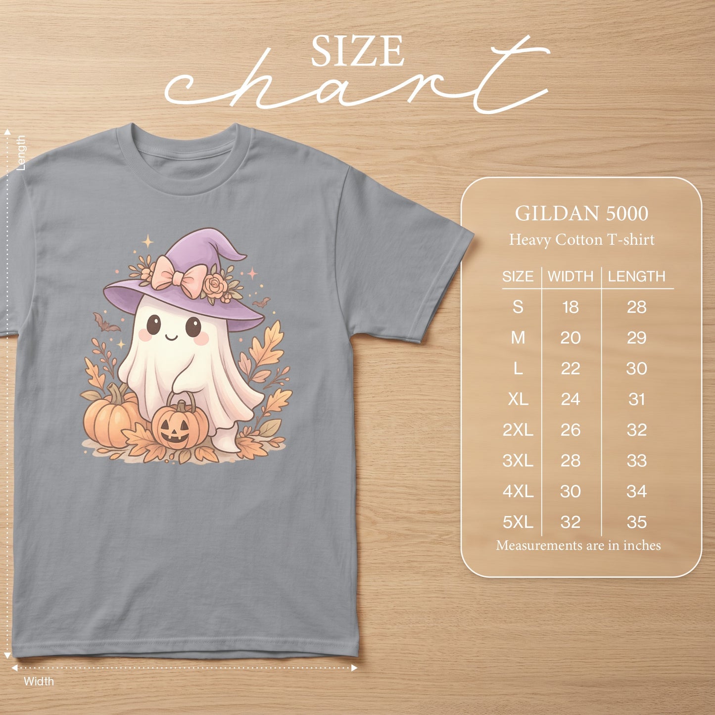 Gray t-shirt with a cute ghost wearing a witch hat and holding a pumpkin, includes size chart.