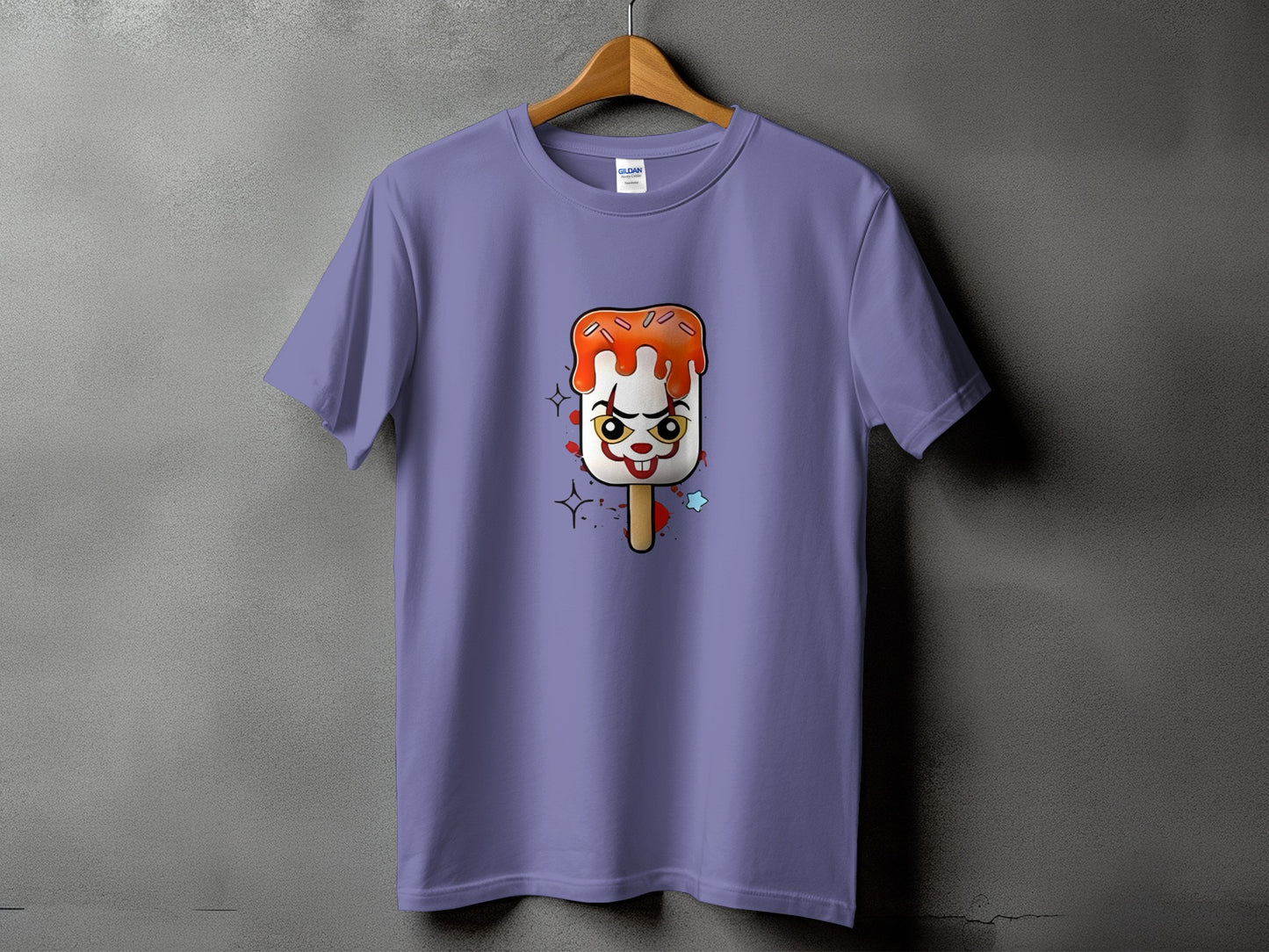 Purple t-shirt with a cartoon clown popsicle graphic and glitter accents.
