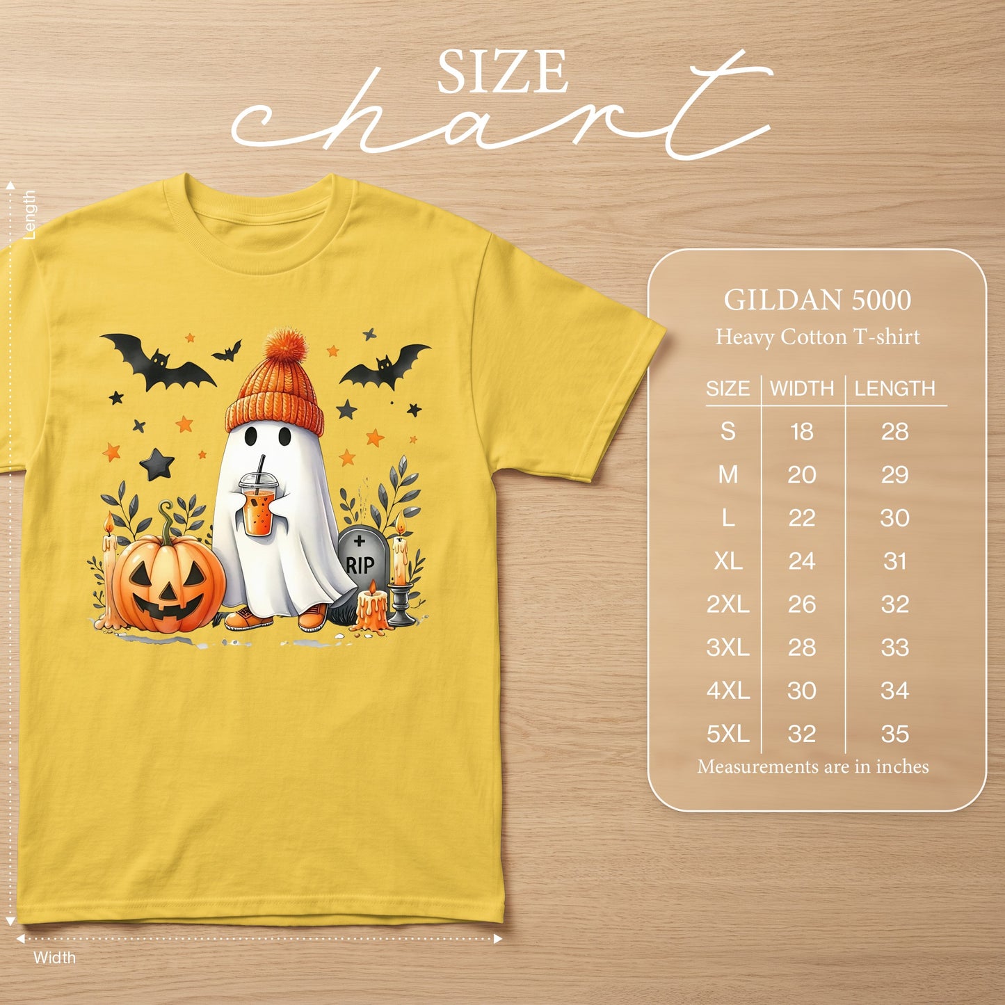 Yellow t-shirt with Halloween ghost, pumpkin, bats, and a size chart.