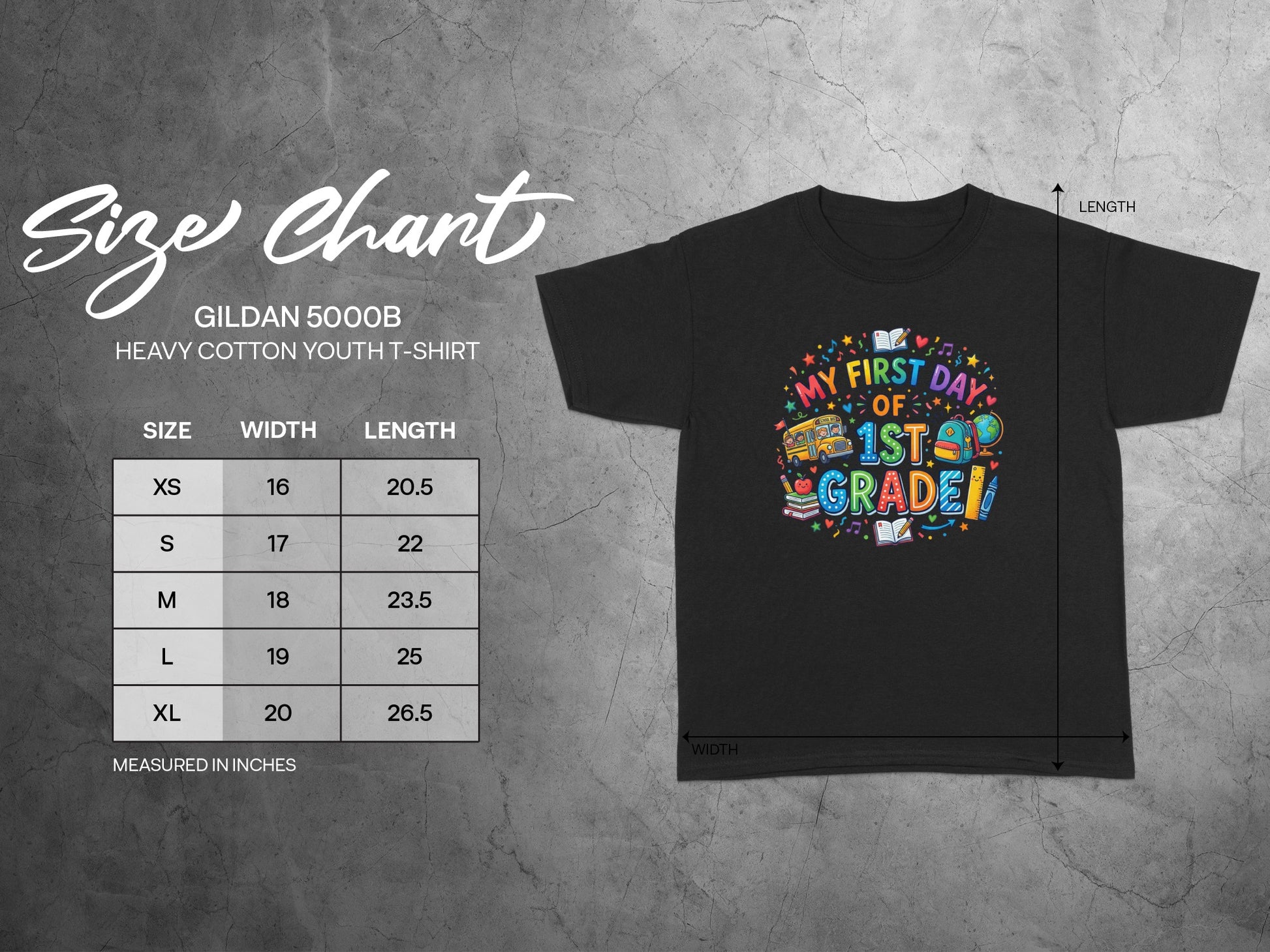 Gildan 5000B youth t-shirt size chart with width and length measurements.