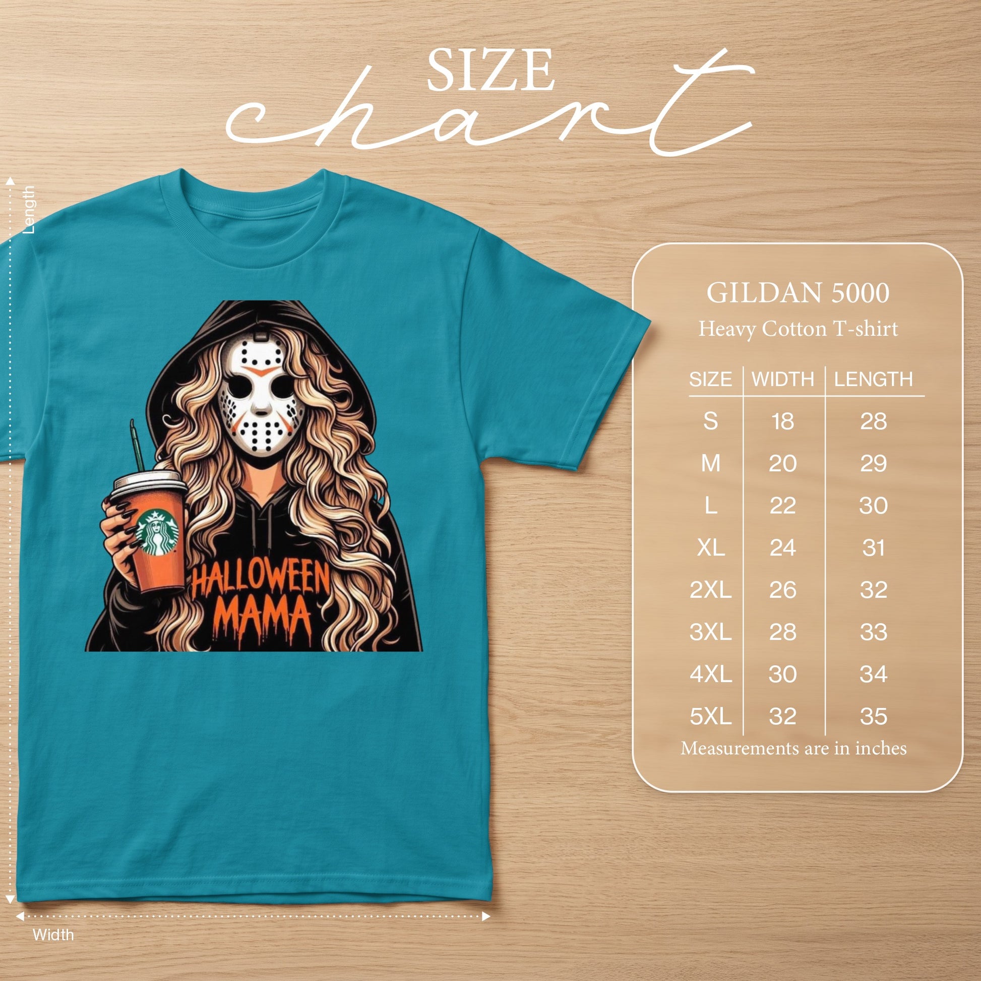 T-shirt with Halloween Mama graphic and a size chart showing measurements in inches.