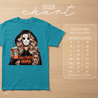 T-shirt with Halloween Mama graphic and a size chart showing measurements in inches.