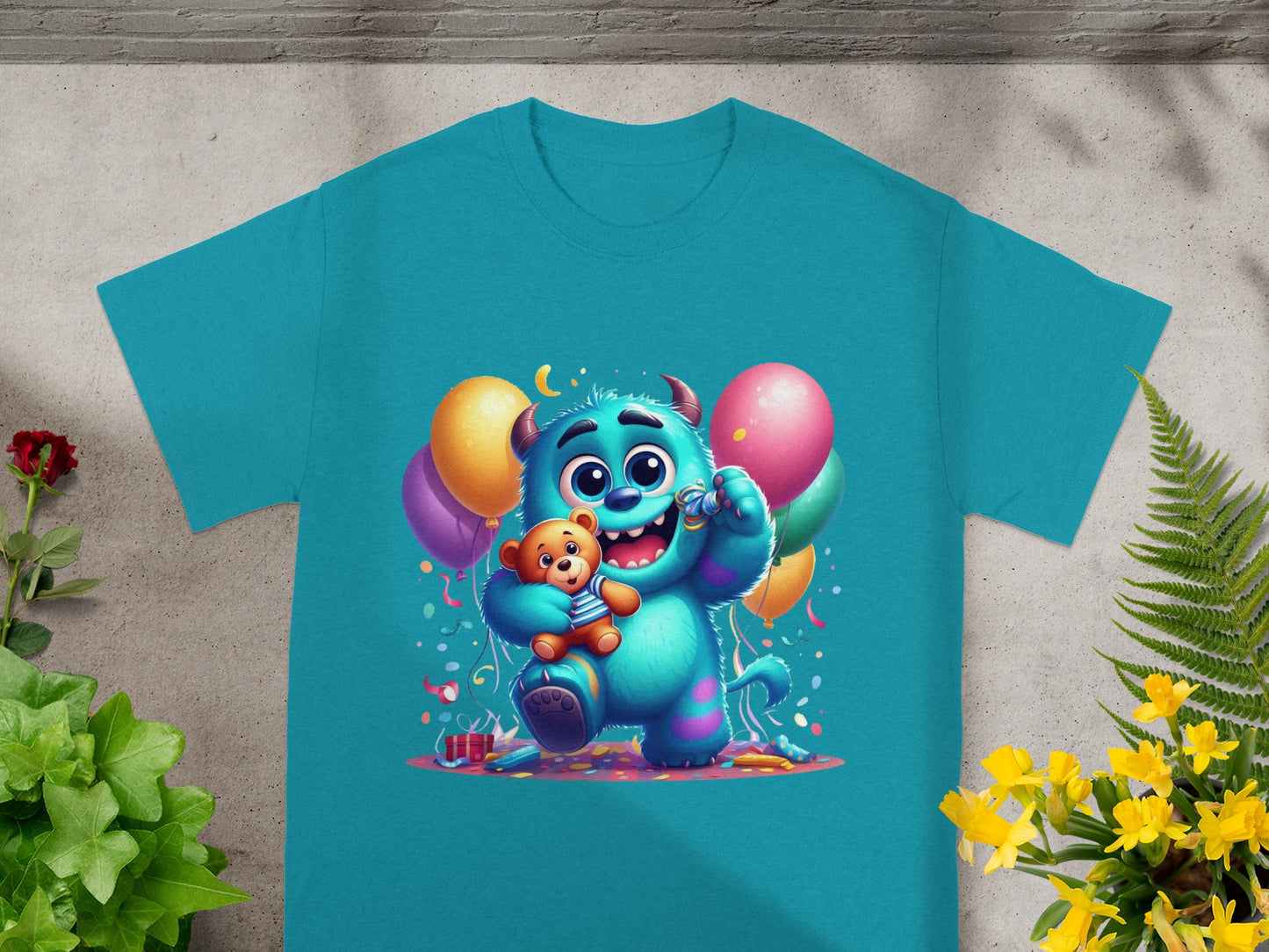 Blue t-shirt with Sully and Boo holding a teddy bear and balloons.