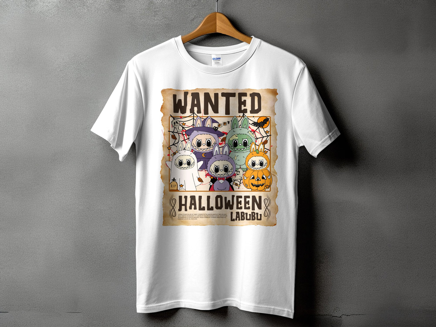 White t-shirt with a Halloween "WANTED" poster featuring cute characters and the text "HALLOWEEN LABUBU".