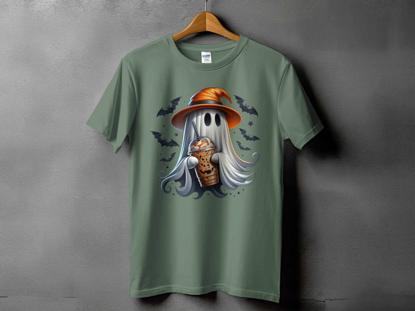 Ghost in witch hat holding pumpkin spice latte with bats and stars.