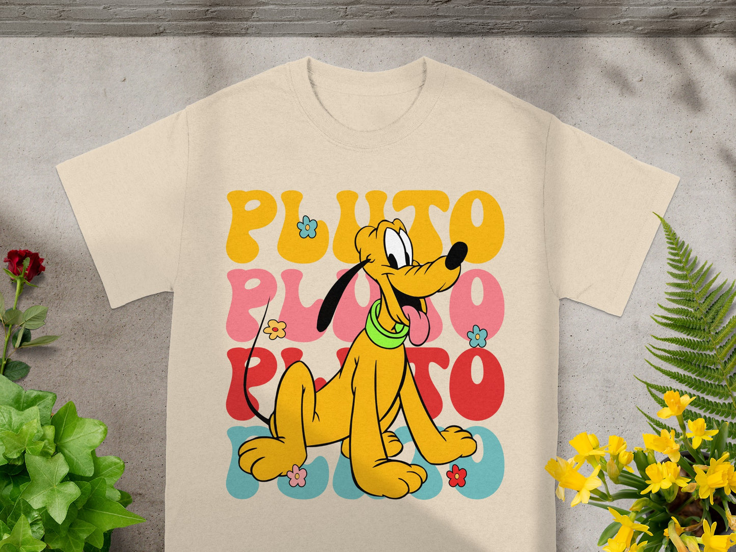 Disney's Pluto sitting with colorful "Pluto" text.