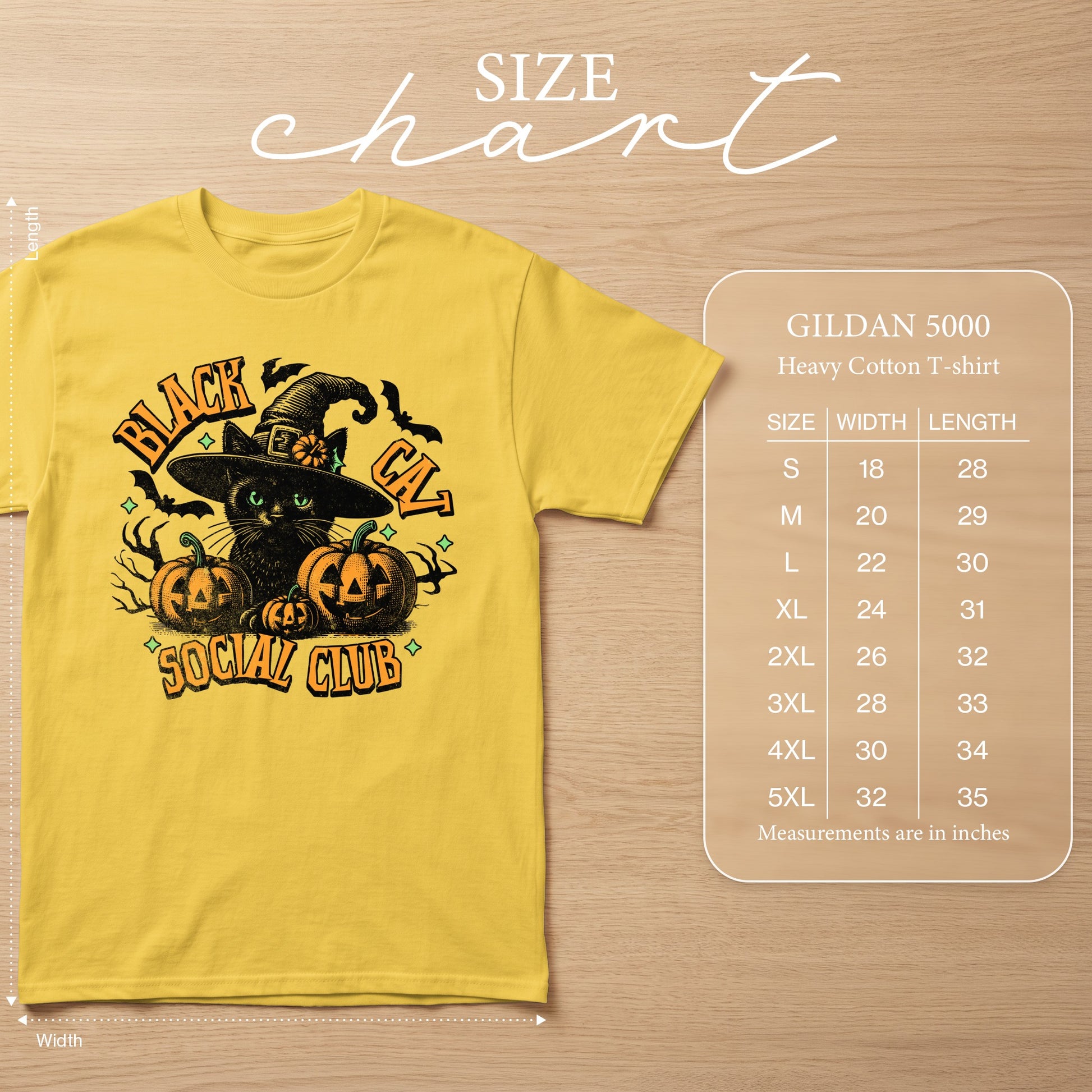 Yellow Gildan 5000 t-shirt with black cat, pumpkins, and "Black Cat Social Club" design.