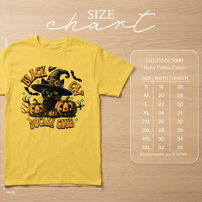 Yellow Gildan 5000 t-shirt with black cat, pumpkins, and "Black Cat Social Club" design.